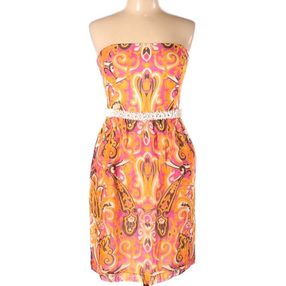 MILLY Orange Print Beaded Silk Strapless Dress